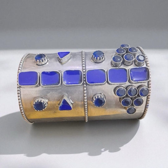 Silver and blue cylindrical handcuff with blue gemstones | Statement Handcuff | Bracelet | neo jewelry