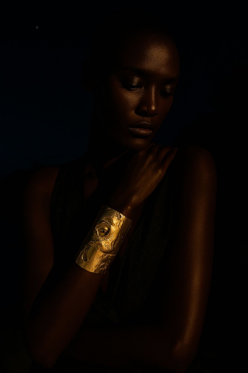 Model wearing gold sculptural cosmic cuff bracelet in dramatic low light – bold luxury jewellery by Near Earth Object.
