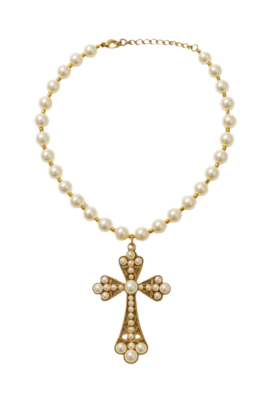 Pearl necklace with a gold cross pendant Christian Necklace | Jesus Necklace | Statement Necklace | neo jewelry