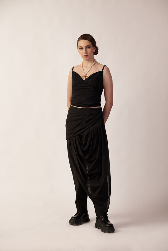 Gravity Drape Pants : Woman wearing a black outfit with a draped pant - near Earth object | Women's Pant | Pret Clothes | nEo Clothes