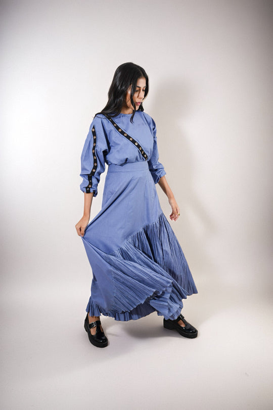 Halo Axis Top : Woman wearing a blue top with pleated skirt - near Earth object | Women's Top | Top | Pret Clothes | nEo Clothes