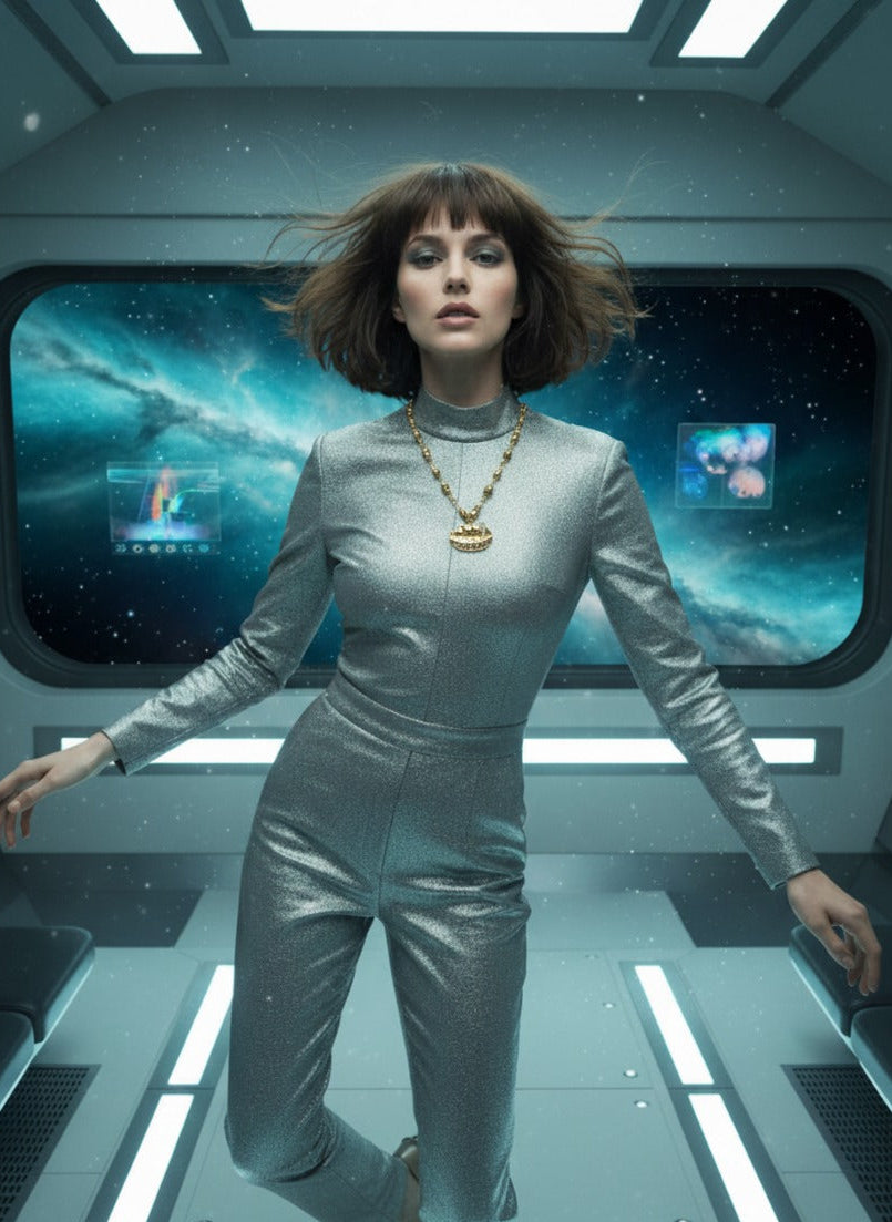 Futuristic model wearing gold UFO necklace inside a sci-fi corridor – cosmic luxury jewellery by Near Earth Object
