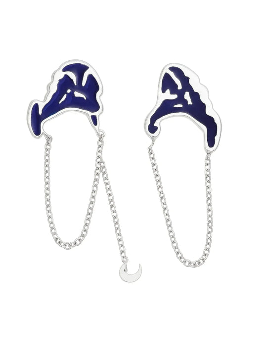 Pair of blue and white shark-shaped earrings with chains| Statement Earrings | neo jewelry