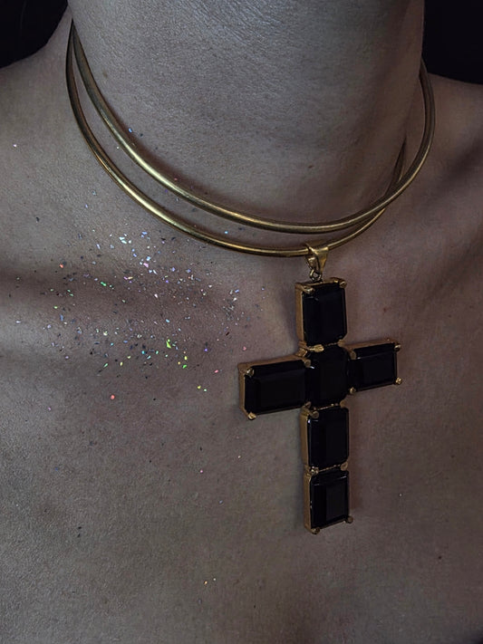 Near Earth Object Midnight Cross Choker – gold double snake chain choker with oversized black gemstone cross pendant
