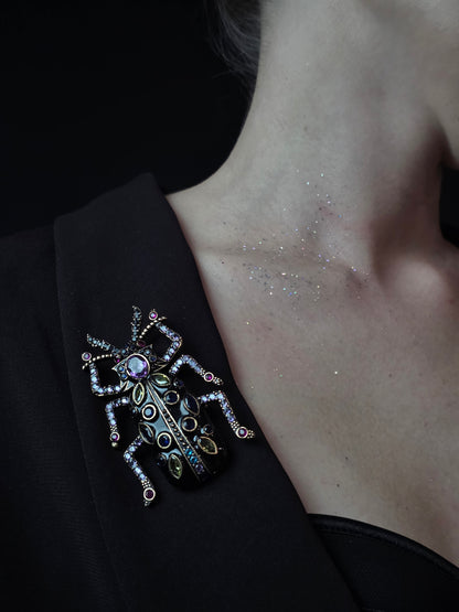 Near Earth Object | Close-up of a decorative brooch on a black garment