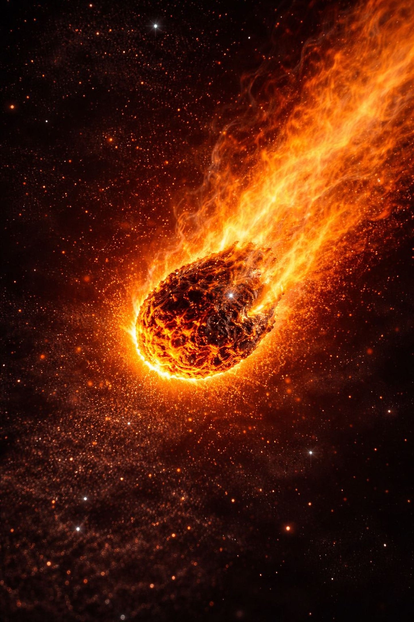 A fiery meteorite or meteorite fragment is captured in the midst of a fiery descent, creating a dramatic and awe-inspiring scene against the backdrop of a starry night sky.