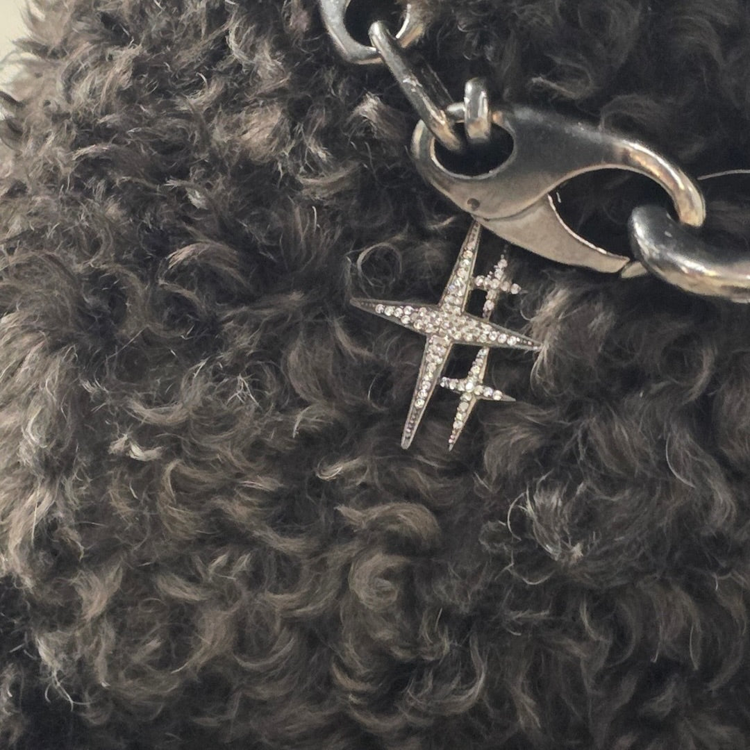 Near Earth Object | -shaped charm on a chain against a textured dark background