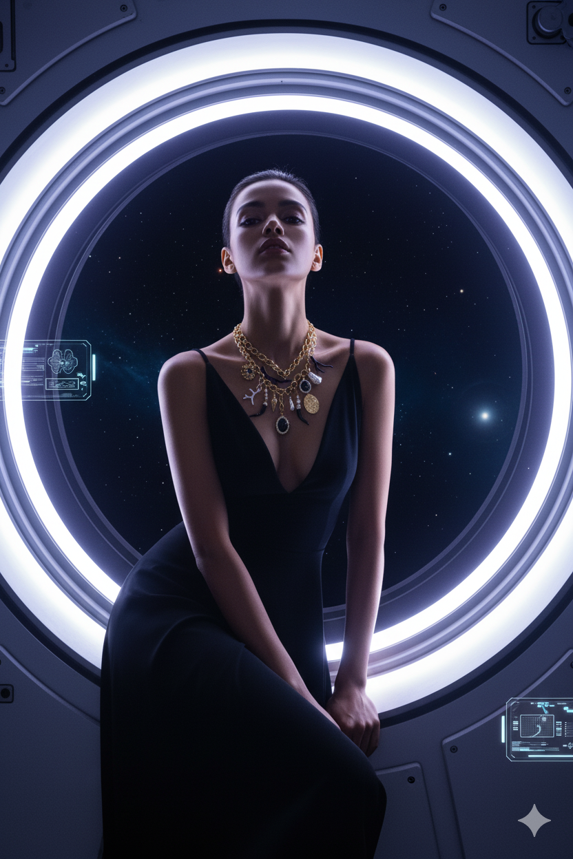 Futuristic portrait of model wearing gold celestial charm necklace with sculptural pendants – cosmic luxury jewellery by Near Earth Object