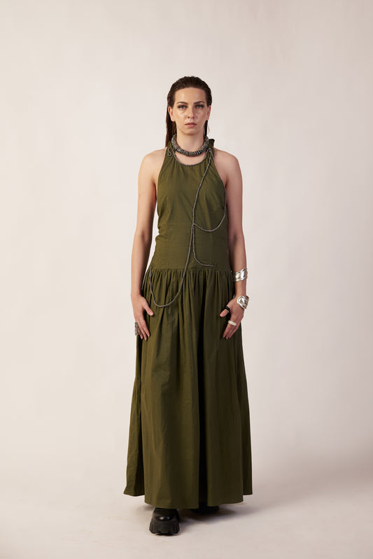Asteroid Drift Dress : Woman wearing a long Military green dress - near Earth object  | Women Dresses | Pret Clothes | nEo Clothes.