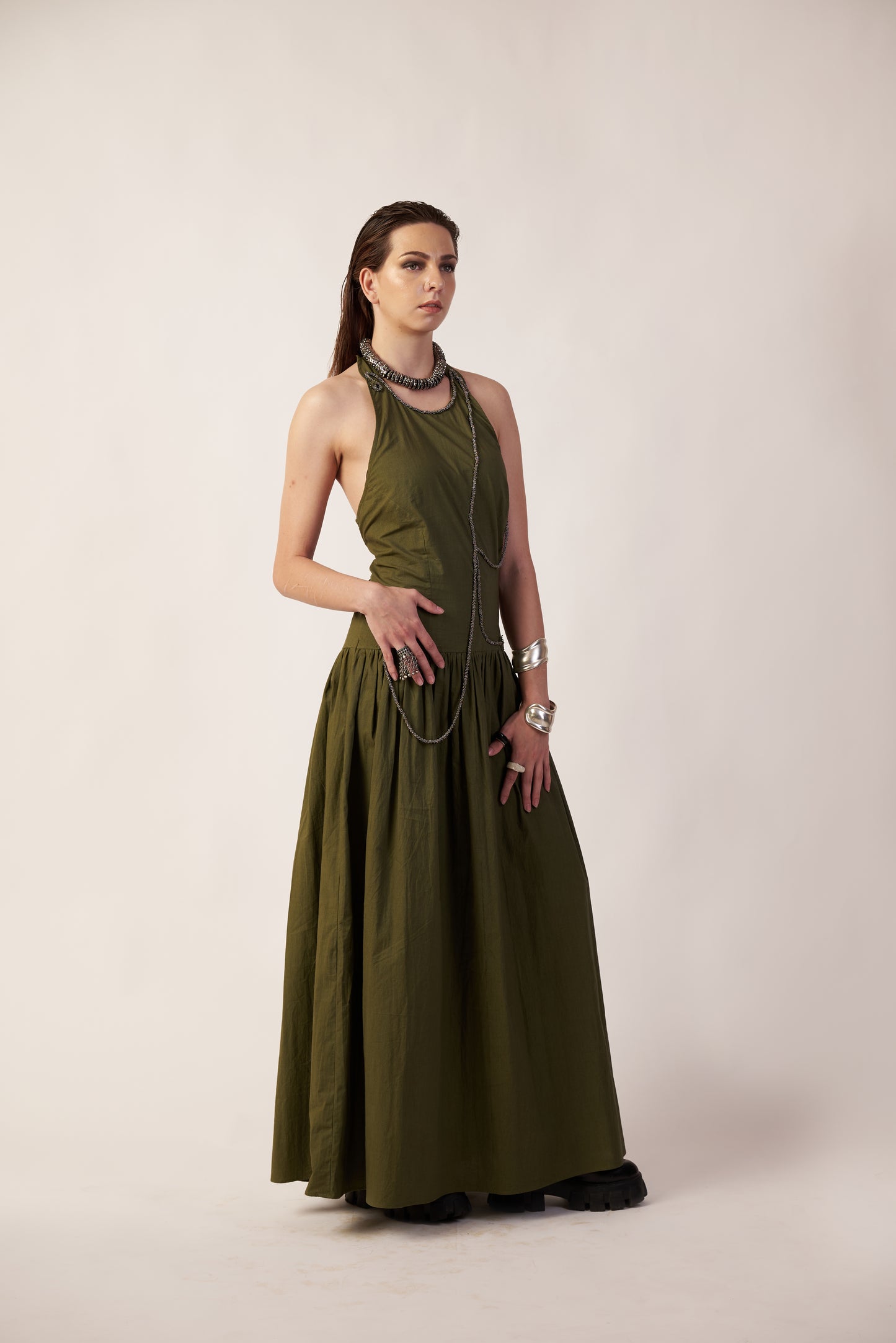 Asteroid Drift Dress : Woman wearing a long Military  green dress - near Earth object  | Women Dresses | Pret Clothes | nEo Clothes.