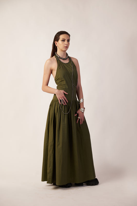 Asteroid Drift Dress : Woman wearing a long Military  green dress - near Earth object  | Women Dresses | Pret Clothes | nEo Clothes.