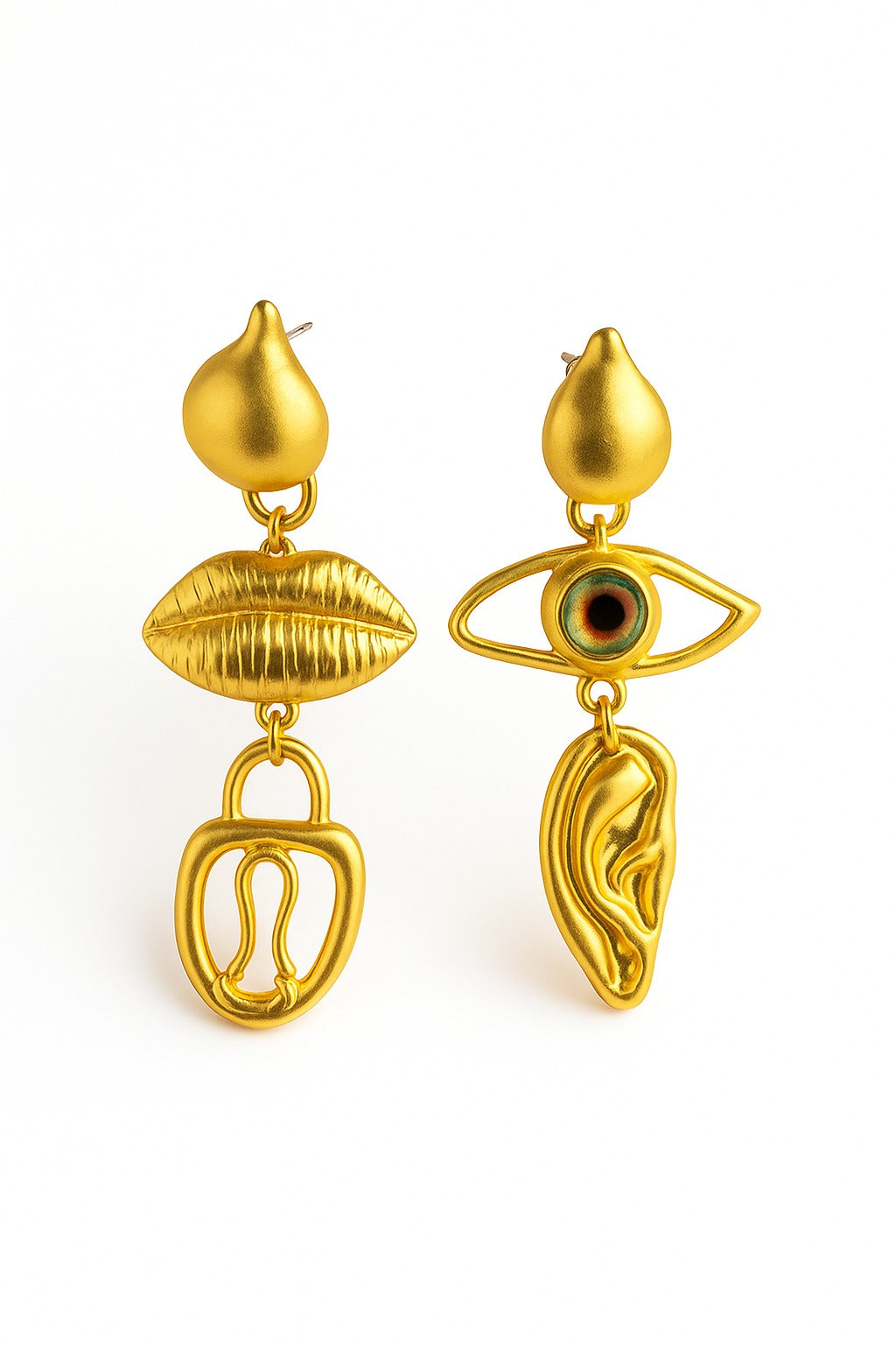 Gold surreal earrings featuring sculpted lips, eye motif and ear charm – artistic statement jewellery by Near Earth Object.