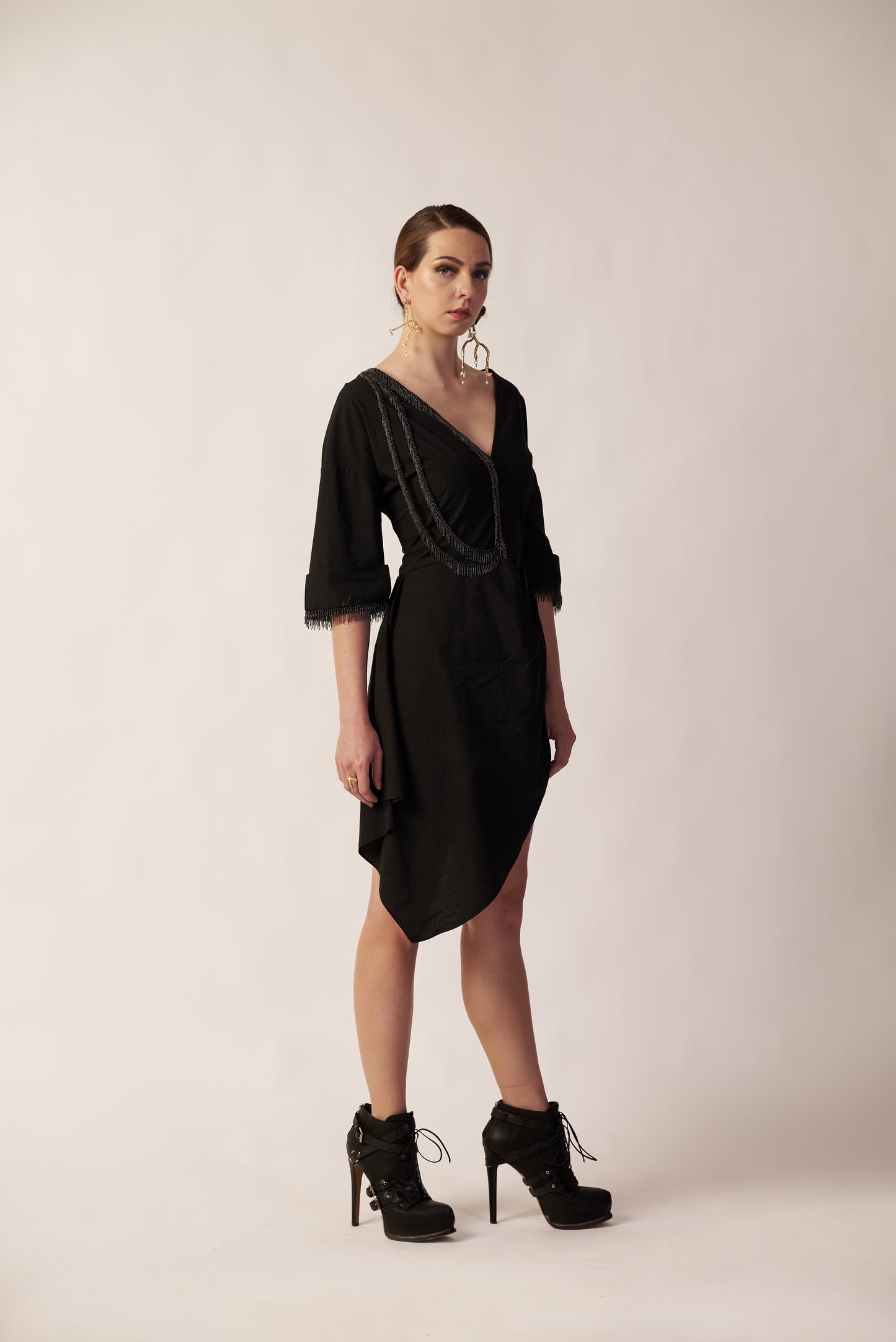 Black Astrea Dress with Gold Radiant Trail Earrings - Pret Clothes & Statement Jewellery by nEo Near Earth Object
