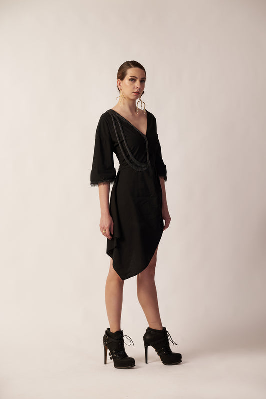 Astrea Dress : Woman wearing a black dress with a draped neckline - near Earth object | Women Dresses | Pret Clothes | nEo Clothes.