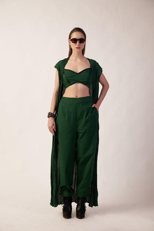 Aurora Co-Ord Set : Woman wearing a green outfit with a draped top and wide-leg pants - near Earth object | Women Co-ord Set | Pret Clothes | nEo Clothes.