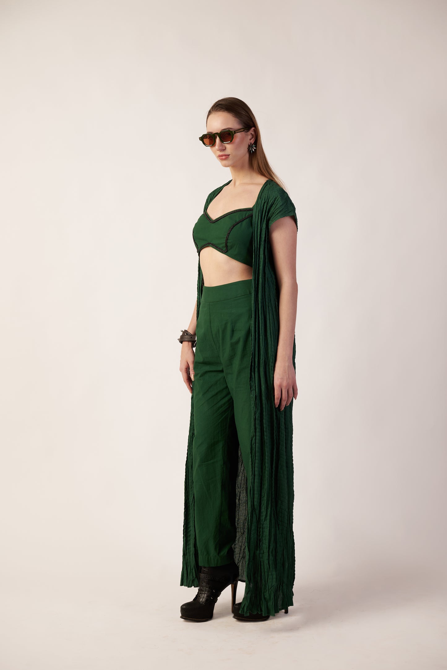 Aurora Co-Ord Set : Woman wearing a green outfit with a draped design - near Earth object | Women Co-ord Set | Pret Clothes | nEo Clothes.