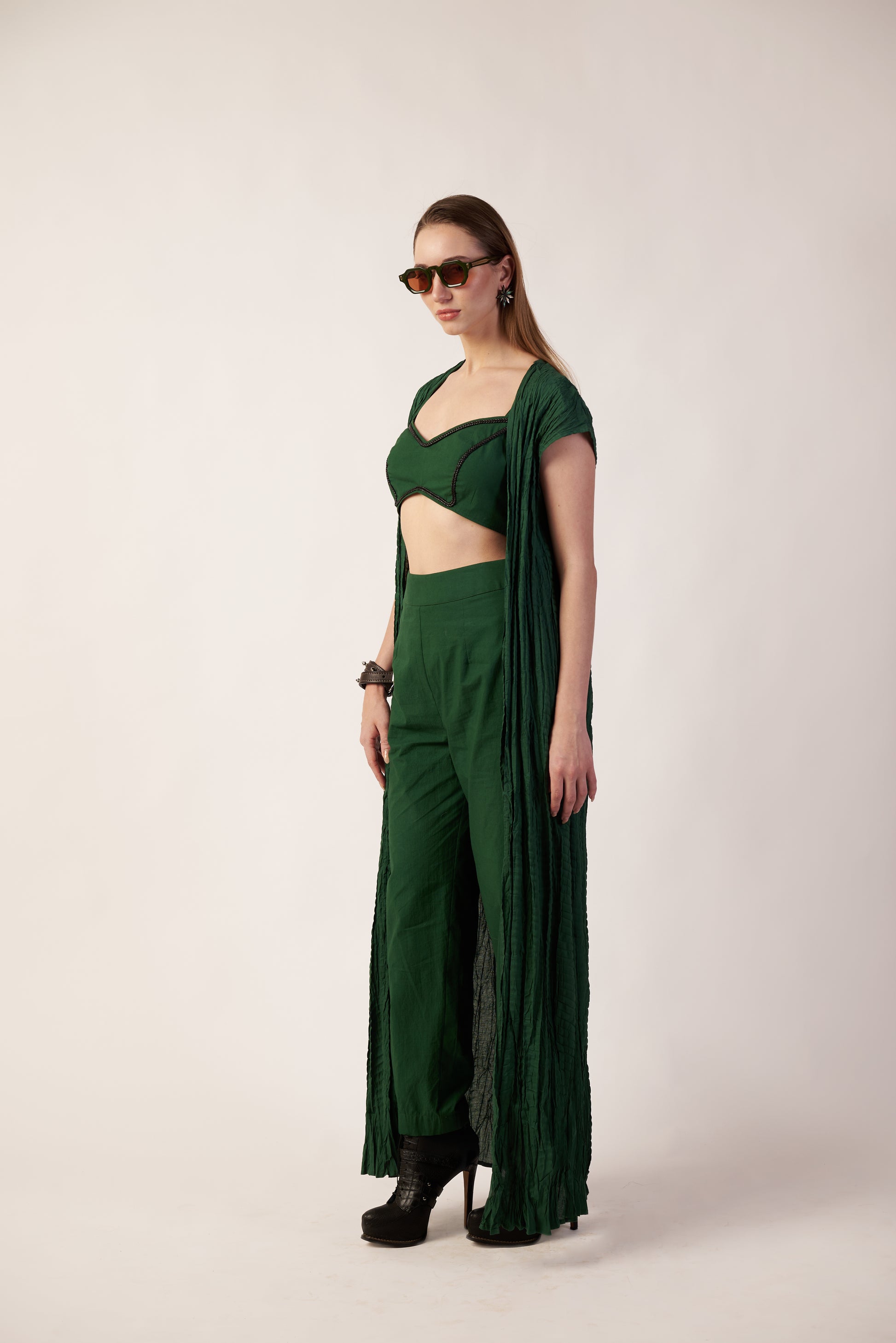Aurora Co-Ord Set : Woman wearing a green outfit with a draped design - near Earth object | Women Co-ord Set | Pret Clothes | nEo Clothes.