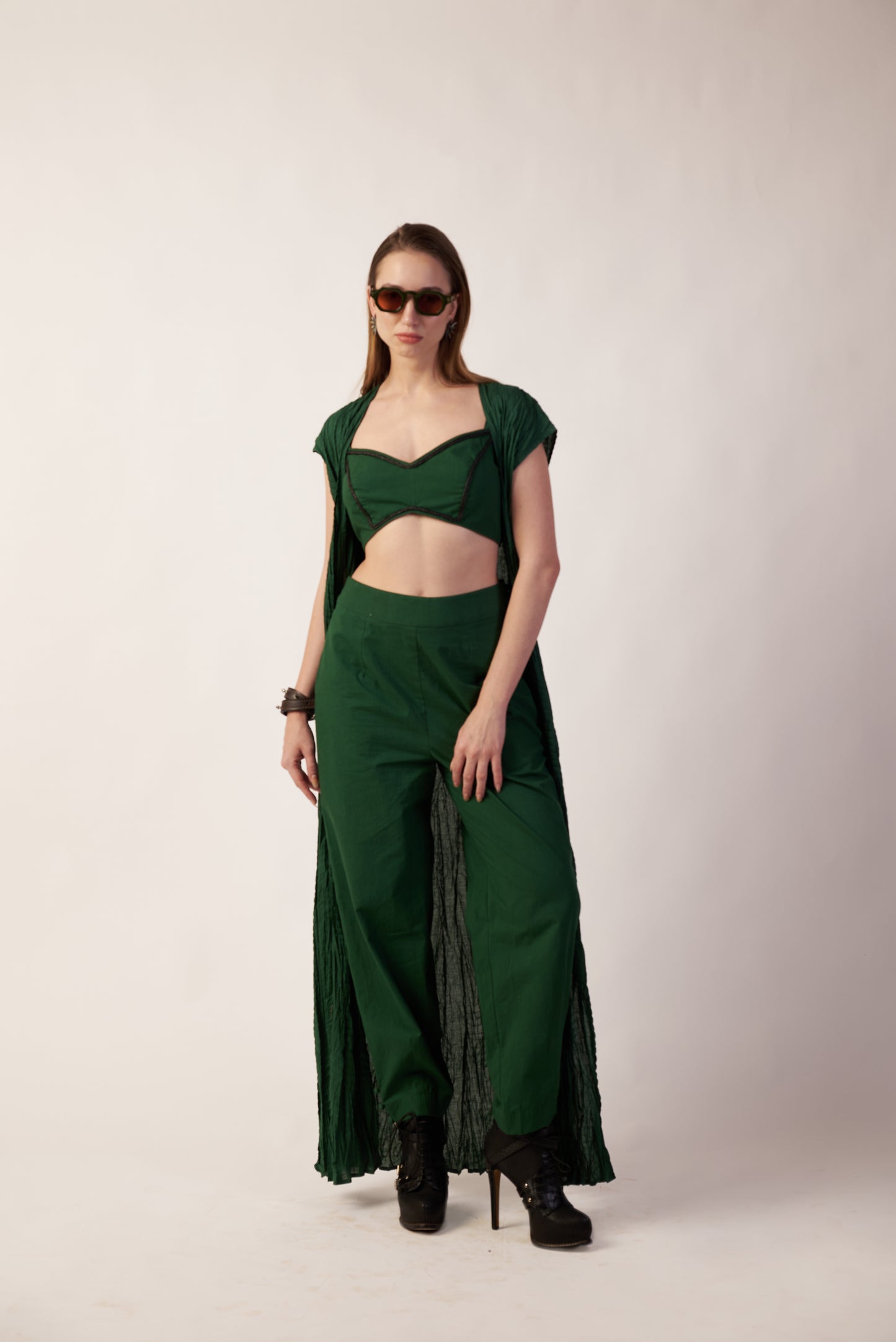 Aurora Co-Ord Set Woman wearing a green outfit with a crop top and long pants - near Earth object | Women Co-ord Set | Pret Clothes | nEo Clothes.