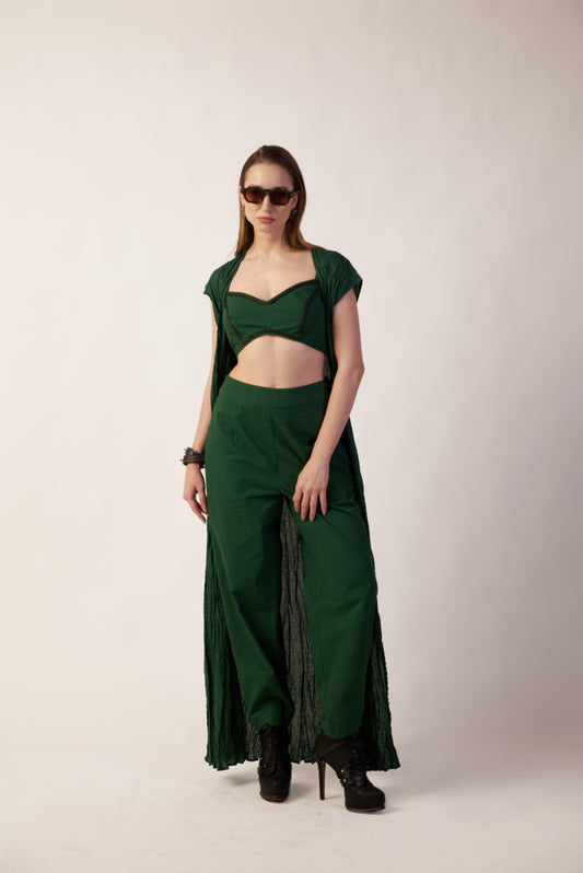 Aurora Co-Ord Set Woman wearing a green outfit with a crop top and long pants - near Earth object | Women Co-ord Set | Pret Clothes | nEo Clothes.
