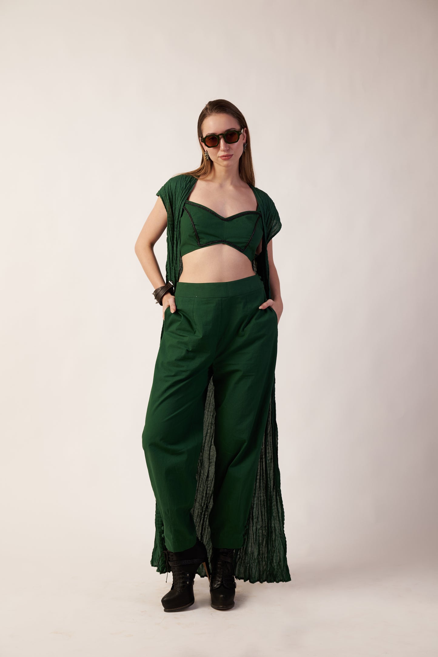 Aurora Co-Ord Set : Woman wearing a green outfit with a top and wide-leg pants - near Earth object | Women Co-ord Set | Pret Clothes | nEo Clothes.