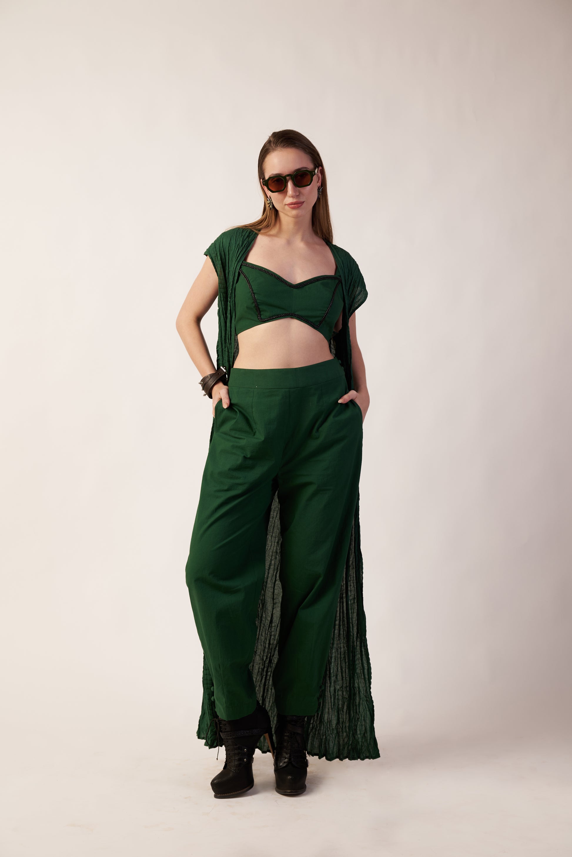 Aurora Co-Ord Set : Woman wearing a green outfit with a top and wide-leg pants - near Earth object | Women Co-ord Set | Pret Clothes | nEo Clothes.