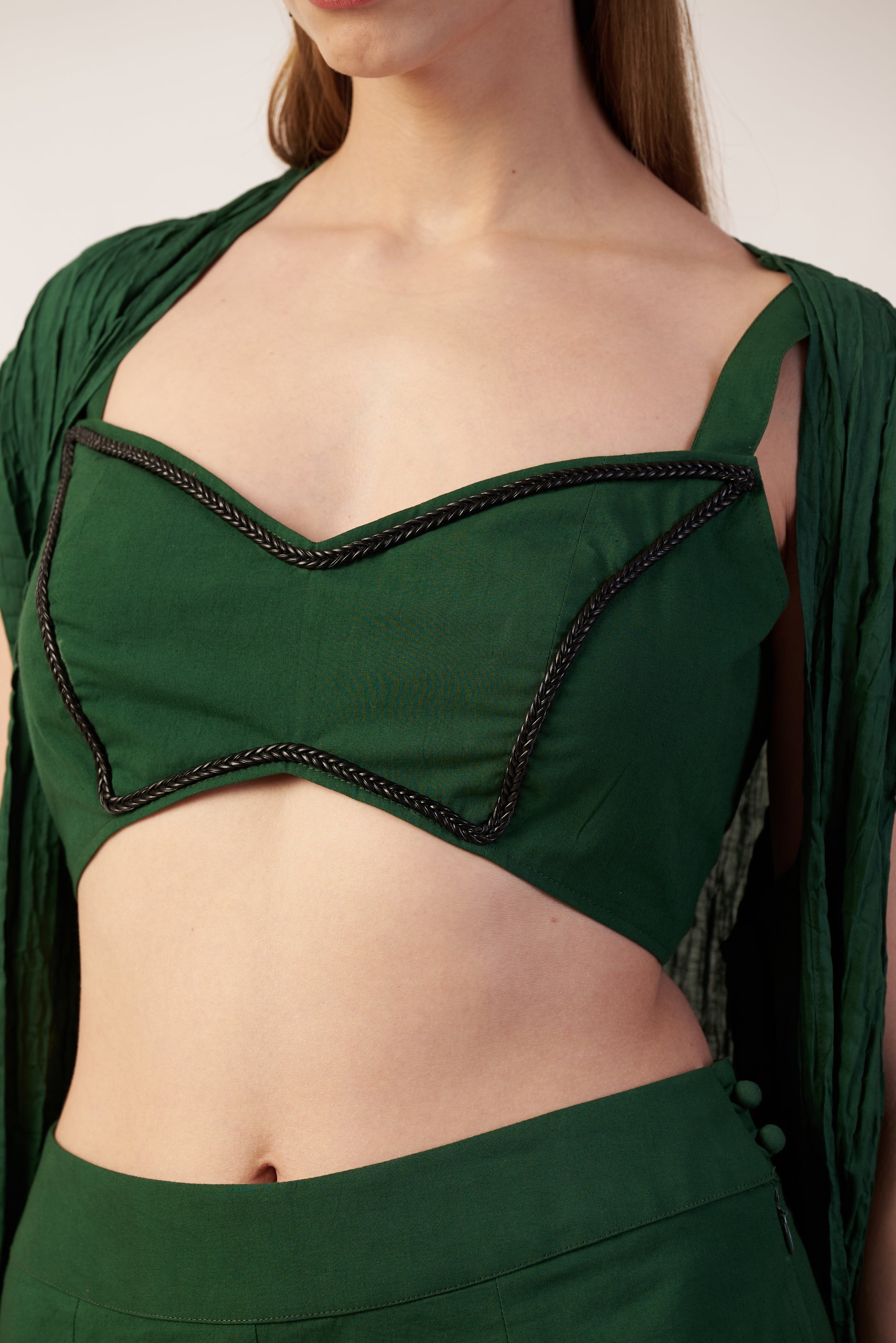 Aurora Co-Ord Set : Green crop top with black detailing worn by a model - near Earth object  | Women Co-ord Set | Pret Clothes | nEo Clothes.