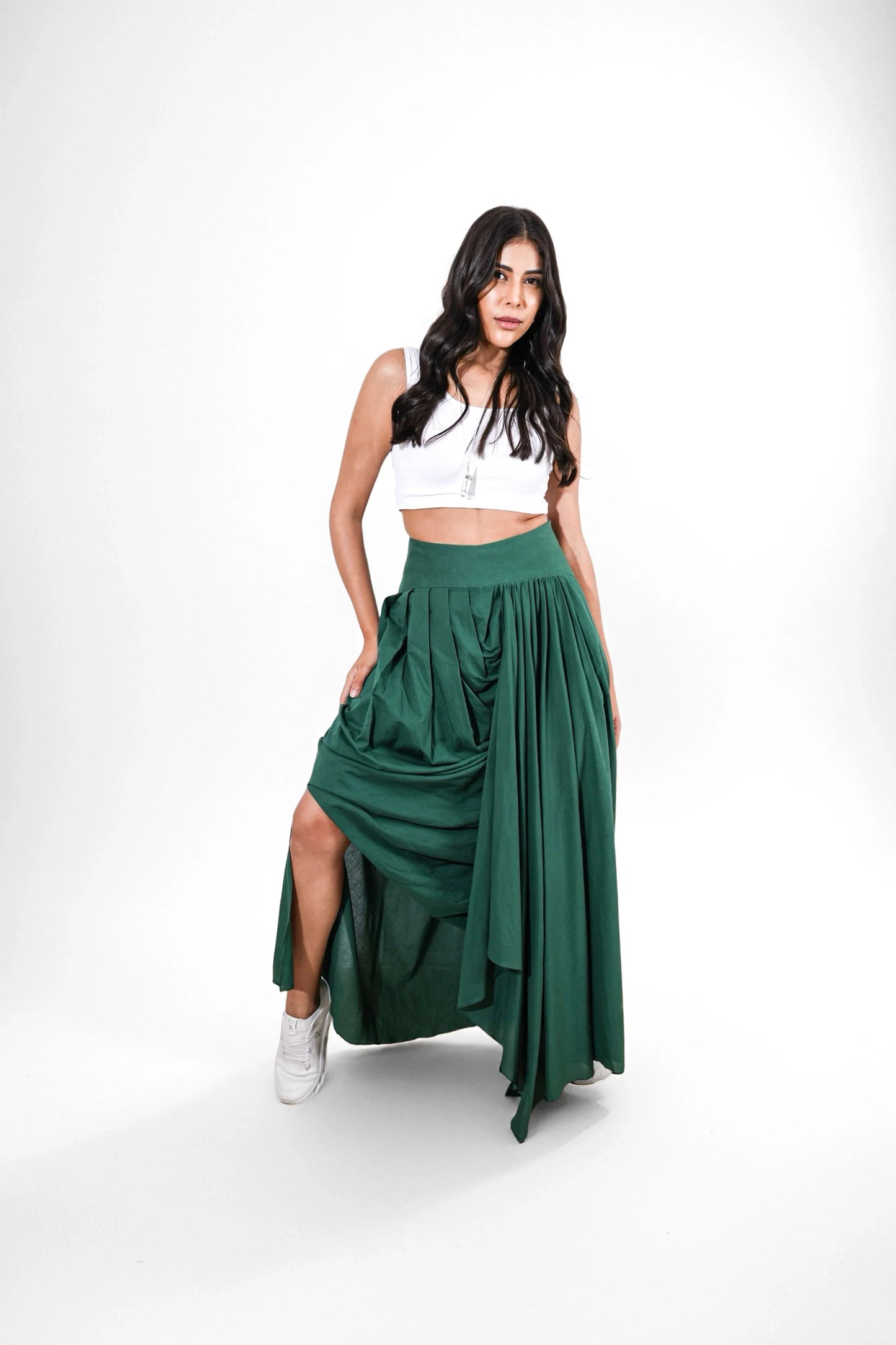 Aurora Drape Skirt : Woman wearing a white top and dark green skirt - near Earth object | Women's Skirt | Bottoms | Pret Clothes | nEo Clothes