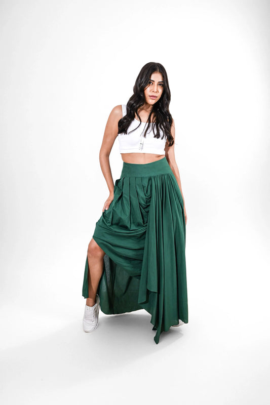 Aurora Drape Skirt : Woman wearing a white top and dark green skirt - near Earth object | Women's Skirt | Bottoms | Pret Clothes | nEo Clothes