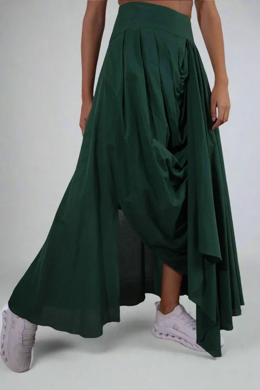 Aurora Drape Skirt : Dark Green skirt with a draped design worn by a person - near Earth object  | Women's Skirt | Bottoms | Pret Clothes | nEo Clothes.