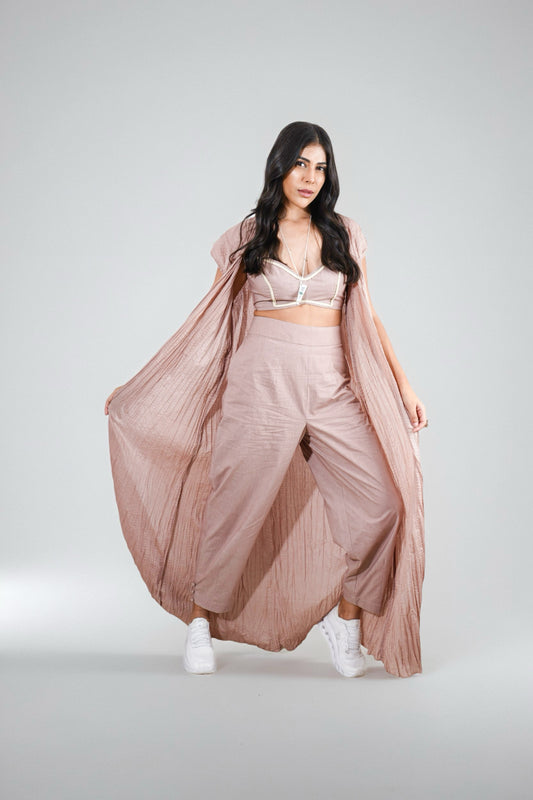 Aurora Haze Co-ord Set : Woman wearing a beige outfit with a long duster - near Earth object | Women’s co-ord set | pret Clothes | nEo clothes