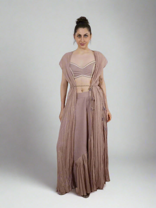 Aurora Haze Overlay and Camisole : Woman wearing a long, flowing camisole with a matching cardigan - near Earth object | Women's Overlay & Camisole | Jacket | Pret Clothes | nEo Clothes.