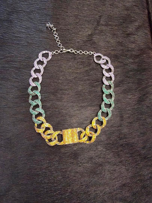 Gradient multicolored crystal chain necklace with sculptural links – vibrant statement jewellery by Near Earth Object.