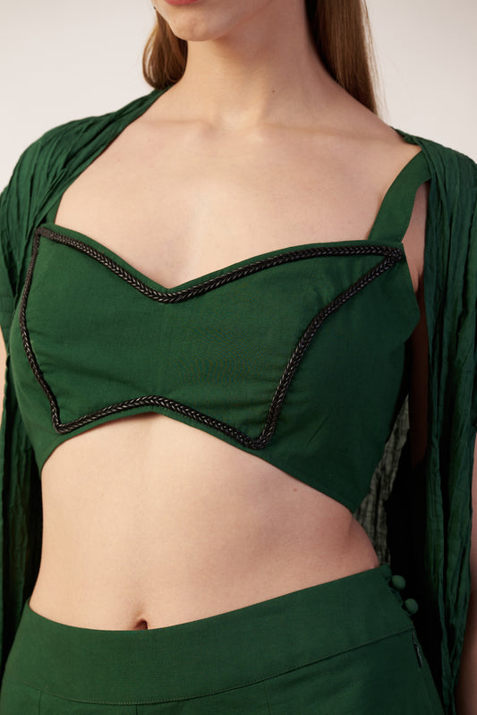 Aurora Overlay and Camisole : Dark Green crop top with black detailing worn by a model - near Earth object | Women's Overlay & Camisole | Jacket | Pret Clothes | nEo Clothes.