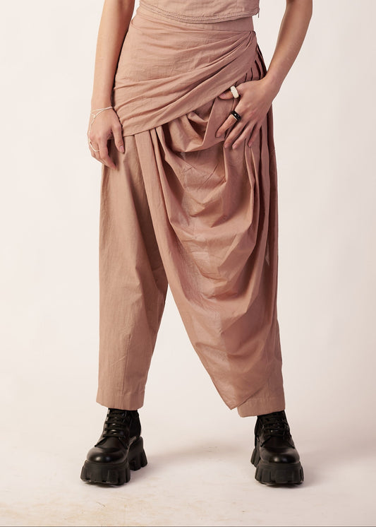 Orbit Cascade Pant : Person wearing a flowing beige pant Beige  Orbit Cascade Co-Ord Set Dress with wide-leg pants and black shoes - near Earth object | Women Co-ord Set | pret Clothes | nEo Clothes