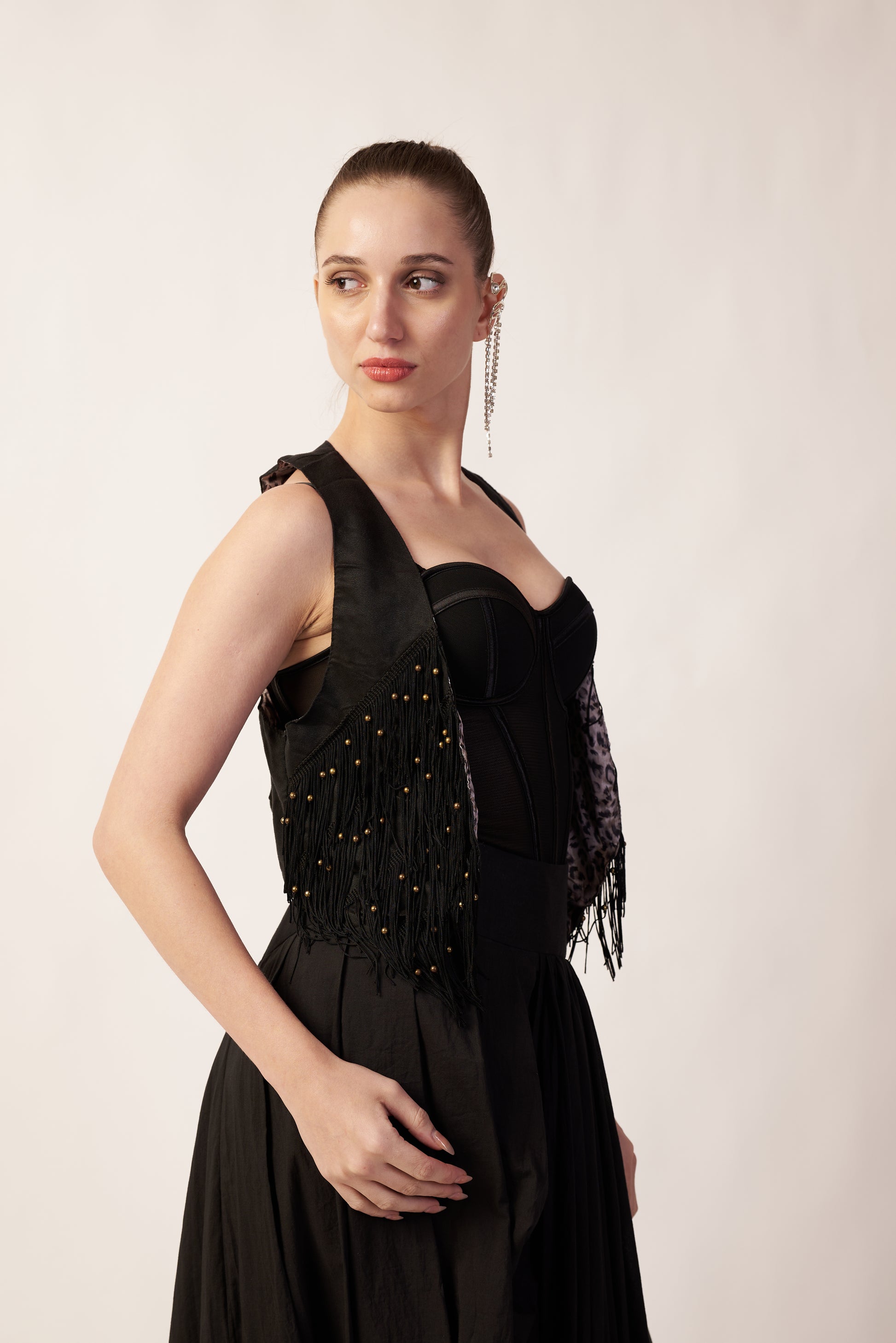 Black Comet Jacket : Woman wearing a black dress with fringe details - near Earth object | Women's Overlay & Camisole | Jacket | Pret Clothes | nEo Clothes.