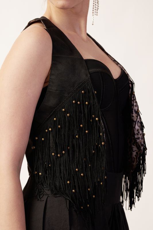 Black Comet Jacket : Black fringe jacket with gold beads - near Earth object | Women's Overlay & Camisole | Jacket | Pret Clothes | nEo Clothes.