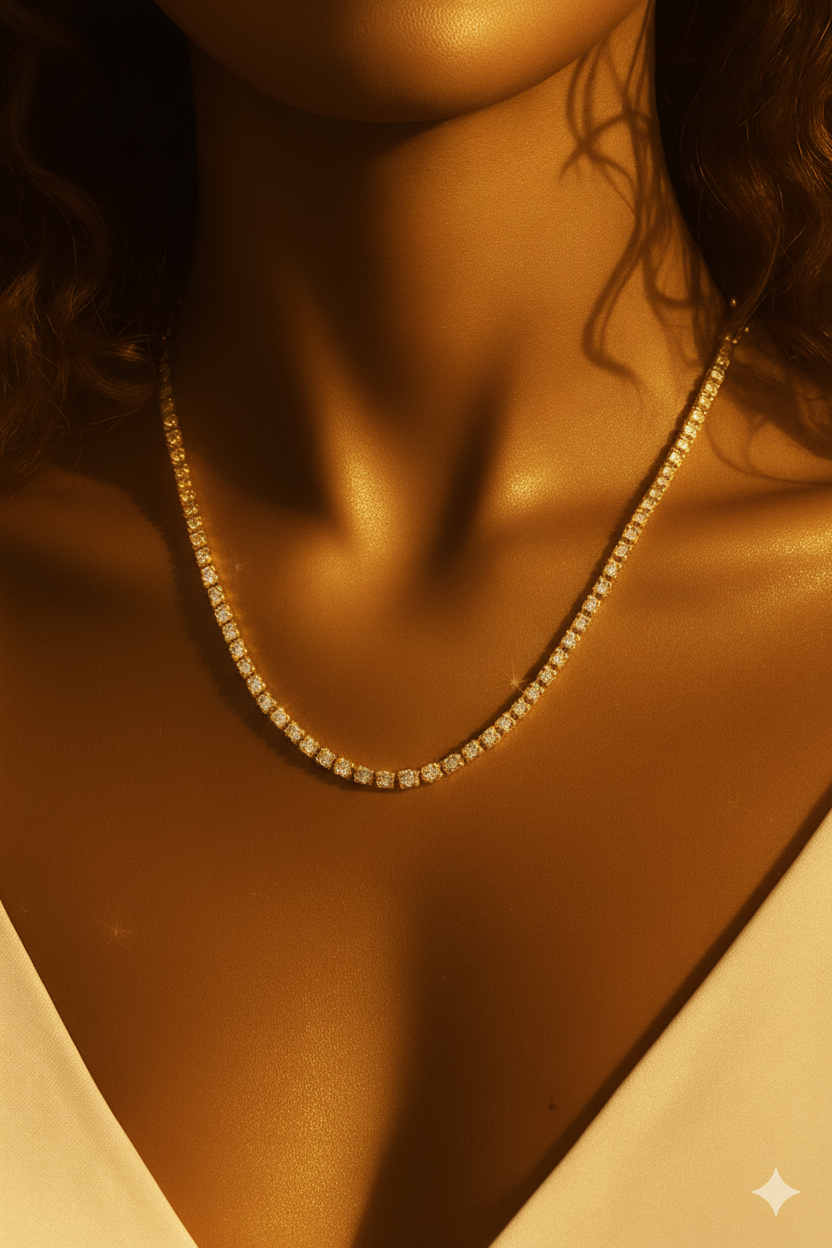 Model wearing gold crystal tennis necklace under soft warm lighting for a premium finish.