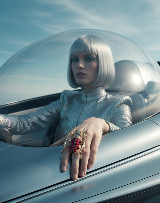 Model wearing gold and red sculptural beetle brooch in a futuristic fashion setting – bold statement jewellery by Near Earth Object.
