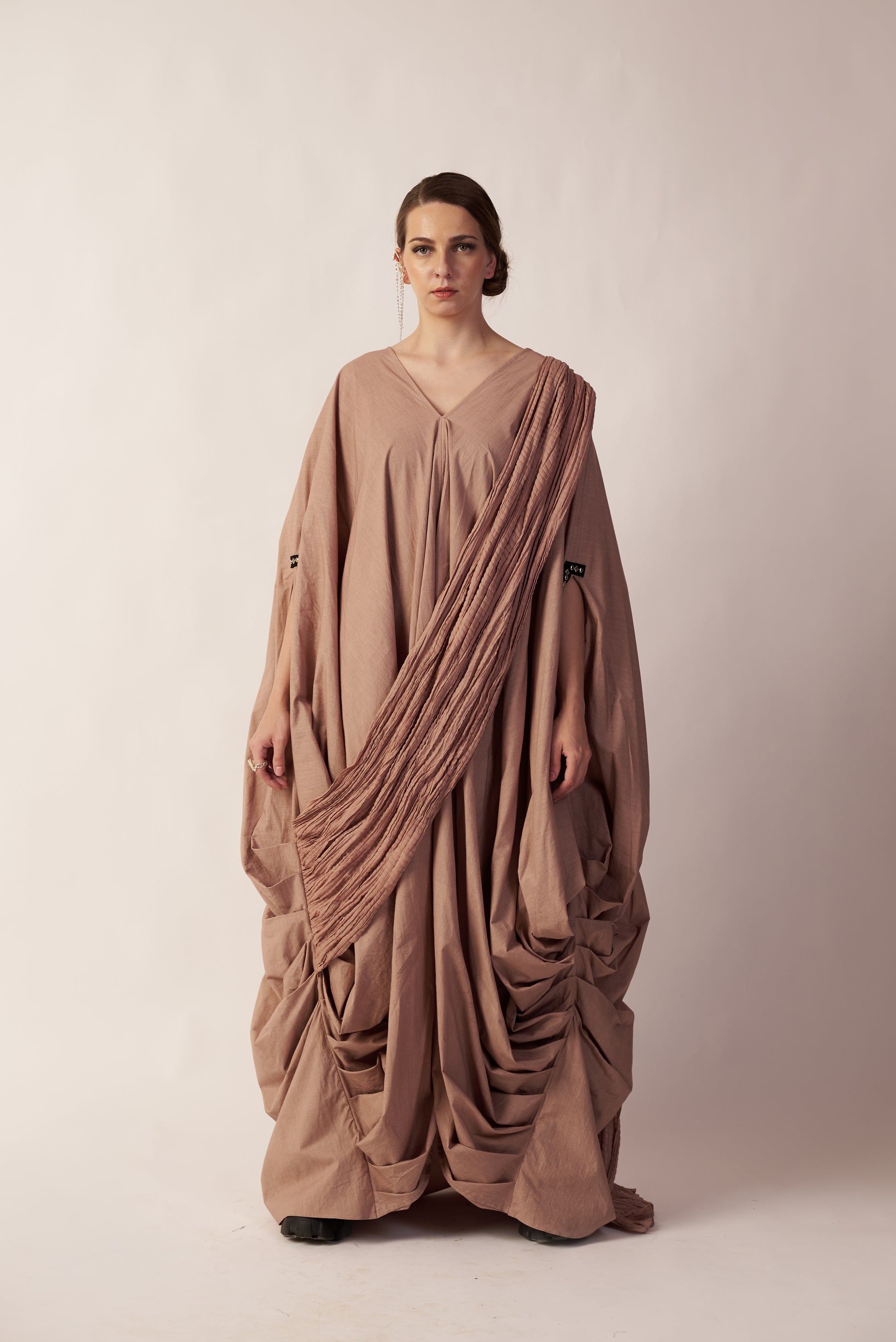 Celestial Drape Veil : Woman wearing a flowing beige dress - near Earth object | Women Dresses | Pret Clothes | nEo Clothes.