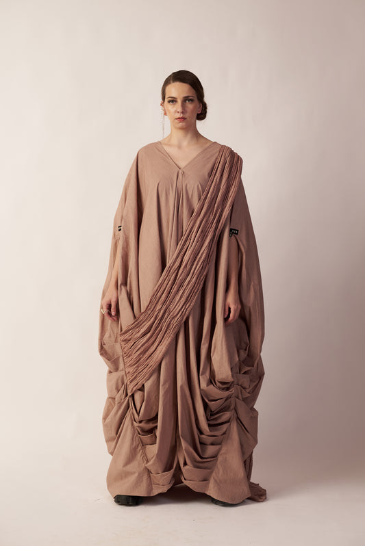 Celestial Drape Veil : Woman wearing a flowing beige dress - near Earth object | Women Dresses | Pret Clothes | nEo Clothes.