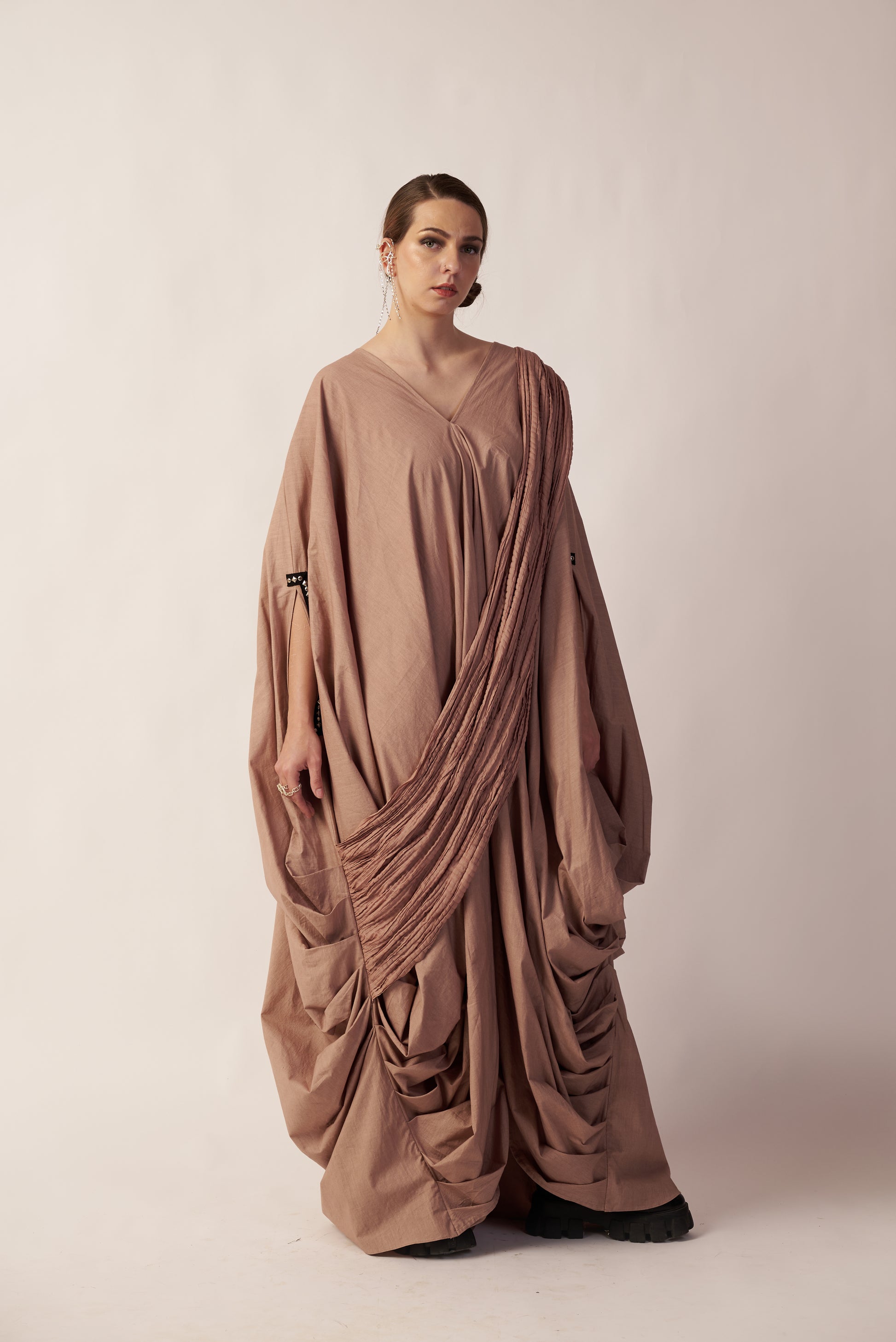 Celestial Drape Veil : Woman wearing a flowing beige dress - near Earth object | Women Dresses | Pret Clothes | nEo Clothes.