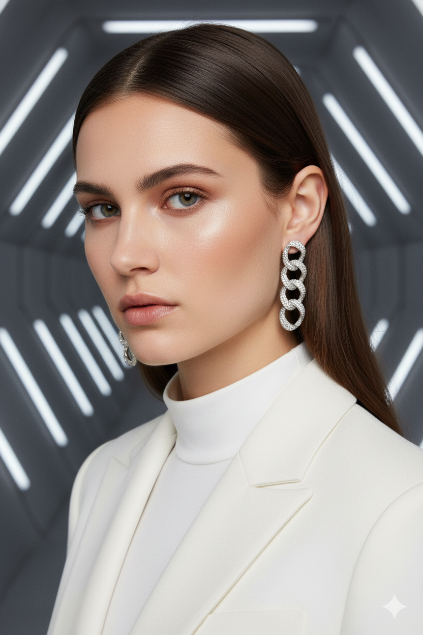 Model wearing silver sculptural link earring in futuristic corridor – high-fashion jewellery by Near Earth Object.