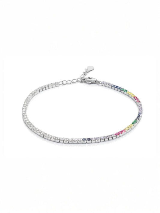 Silver bracelet with rainbow gradient stones arranged along a fine classic chain design