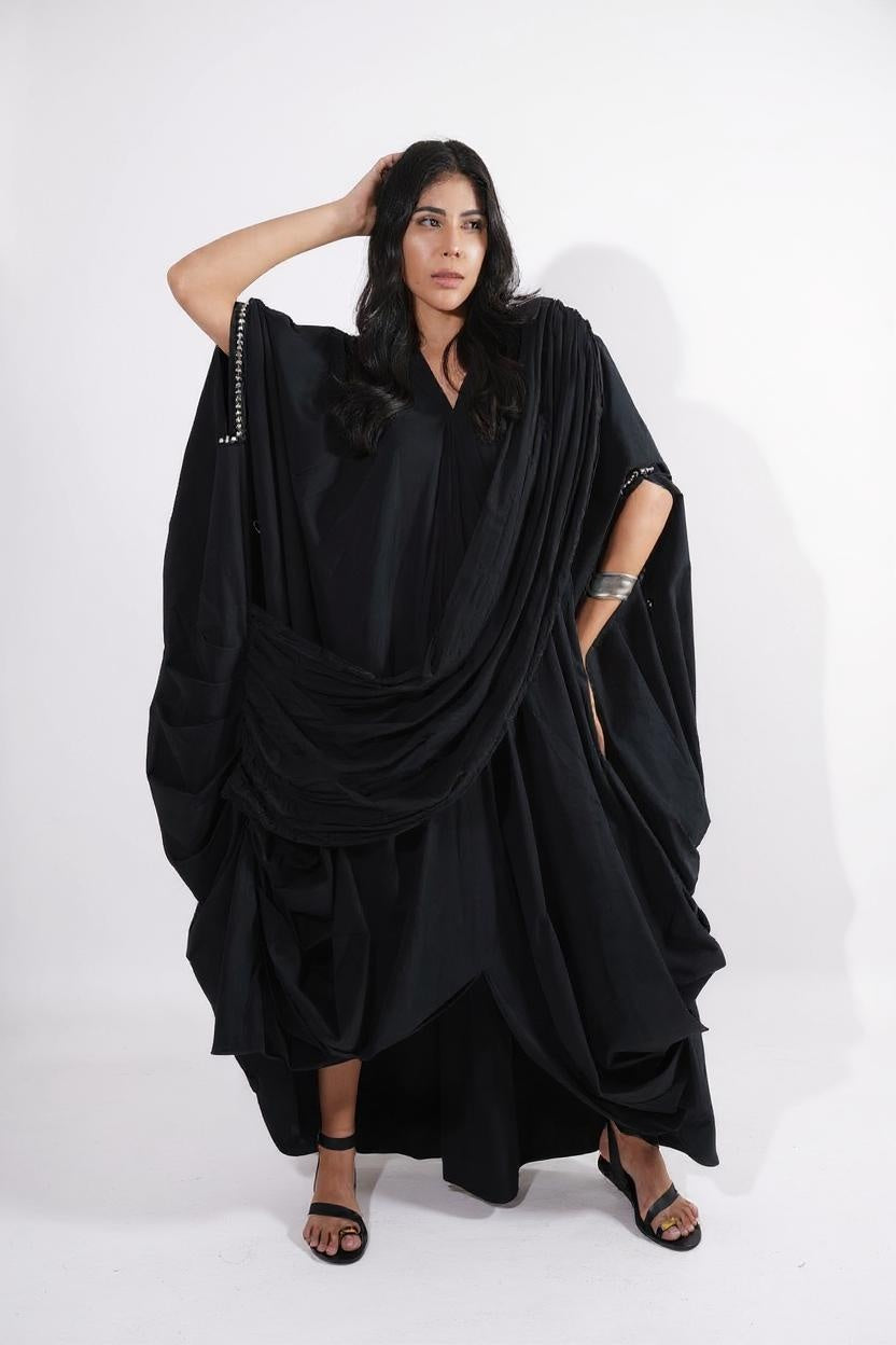 Celestial Veil : Woman wearing a black draped garment - near Earth object | Women Dresses | Pret Clothes | nEo Clothes
