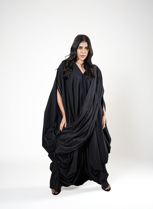 Celestial Veil : Woman wearing a black draped dress - near Earth object | Women Dresses | Pret Clothes | nEo Clothes