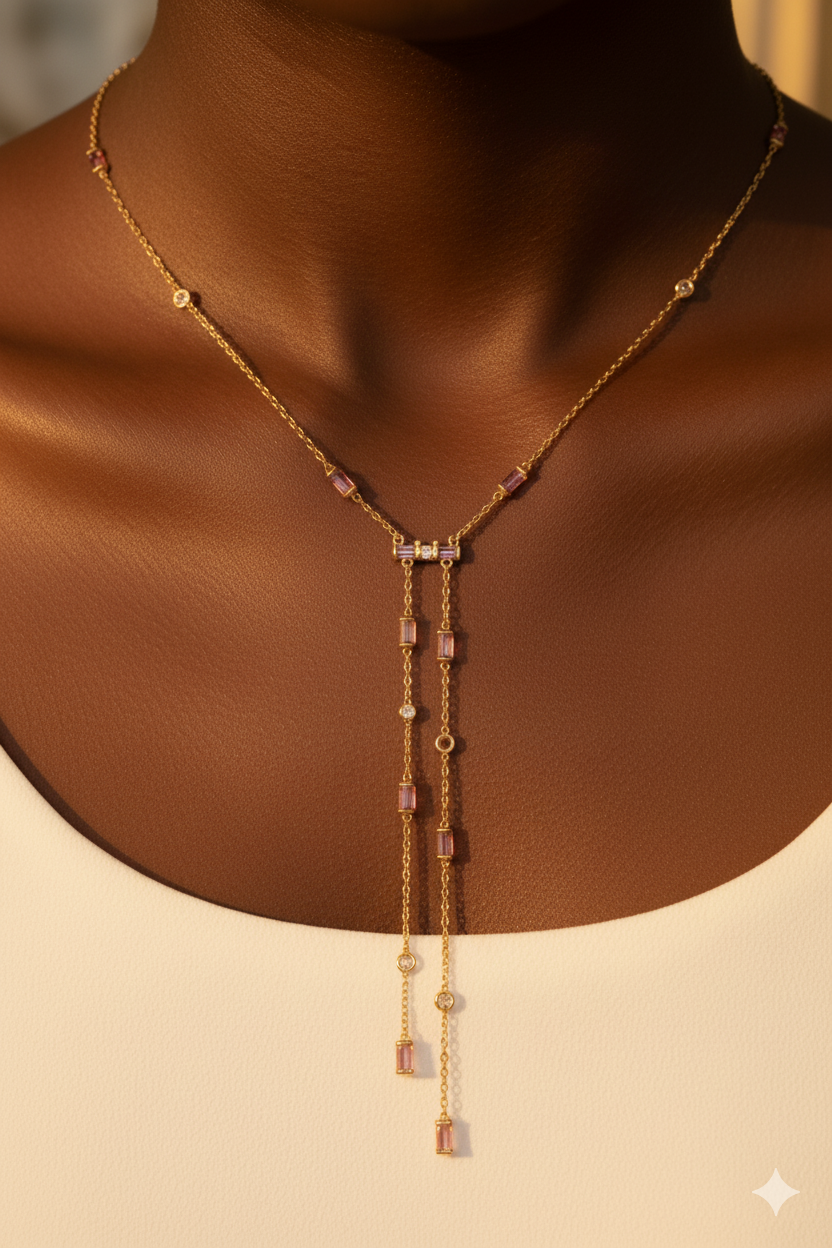 Model wearing gold Y-necklace highlighting its long layered silhouette against warm tones.