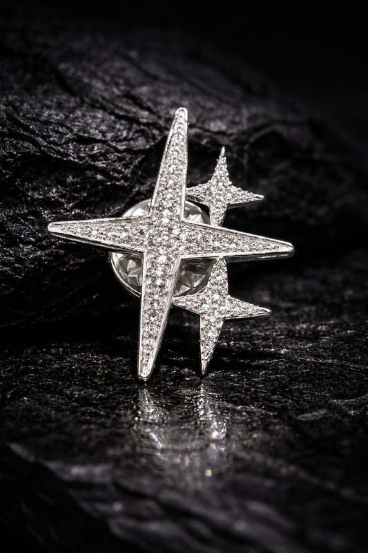 Near Earth Object | Star-shaped silver ring with embedded stones on a dark textured surface