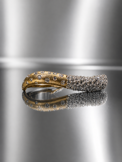 Near Earth Object | Gold and silver ring with embedded stones on a reflective metallic surface