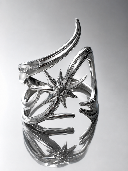 Near Earth Object | Silver ring with star design on a reflective surface