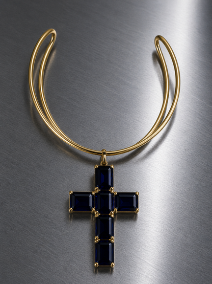 Near Earth Object gold double choker with black gemstone cross pendant